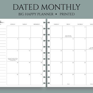 Dated Monthly Calendar Planner Inserts, Big Happy Planner, Monday Start, with Holidays, MO2P ~ 8.5" x 11"