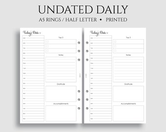 Undated Daily Planner Inserts, A5 6-Ring Punch, Half Letter Size, Gratitude, Schedule, To-Do List, Notes, DO1P ~ 5.5" x 8.5"