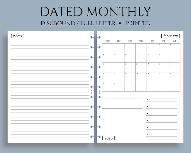 Dated Monthly Calendar Planner Inserts, Monday Start, MO1P, Minimal, Functional Full Letter Size Discbound / 8.5 x 11 image 1