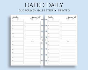 Dated Daily Planner Inserts, Schedule, Time Blocking, To-Do List, Lined Notes, DO1P ~ Junior Half Letter Size Discbound / 5.5" x 8.5"