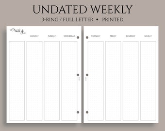 Undated Weekly Planner Inserts, Two Page Vertical Column Layout, Dot Grid Columns, WO2P ~ Fits Full Letter Size 3-Ring / 8.5" x 11"