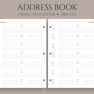 Address Book Inserts, Contacts Pages, Phone Numbers and Addresses, Minimal ~ Fits Full Letter Size 3-Ring / 8.5&quot; x 11&quot;