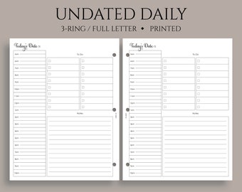 Undated Daily Planner Inserts, Hourly Schedule, Time Blocking, To Do List, Lined Notes ~ Fits Full Letter Size 3-Ring / 8.5" x 11"