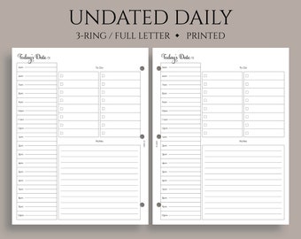 Undated Daily Planner Inserts, Schedule, Time Blocking, To Do List, Lined Notes ~ Fits Full Letter Size 3-Ring / 8.5" x 11"