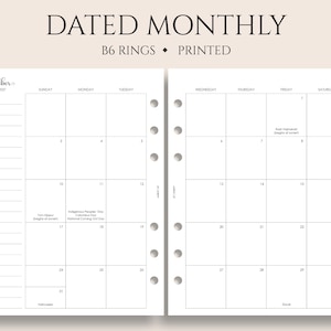 May include: A dated monthly planner insert for October, with a simple layout. The B6 rings printed planner features a grid with dates and space for notes. The text "DATED MONTHLY" and "B6 RINGS • PRINTED" are at the top.