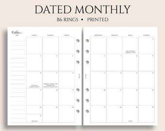 Dated Monthly Calendar Planner Inserts, B6 Planner, 6-Ring, Holidays, Sunday Start, MO2P ~ 5.3" x 7"