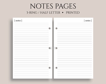 Notes Pages, Lined Paper Planner Inserts, Minimal Style, Functional ~ Half Letter Size 3-Ring / 5.5" x 8.5"