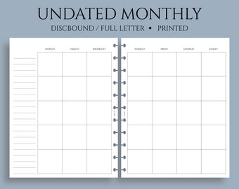 Undated Monthly Calendar Planner Inserts, Monday to Sunday, MO2P Layout, Monday Start ~ Full Letter Size Discbound / 8.5" x 11"