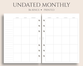 Undated Monthly Calendar Planner Inserts, B6 Planner, 6-Ring, Monday Start, Monday to Sunday, MO2P Layout ~ 5.3" x 7"