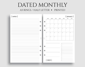 Dated Monthly Calendar Planner Inserts, Sunday Start, MO1P, Minimal, Functional ~ A5 Rings, Half Letter Size / 5.5" x 8.5"