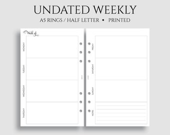 Undated Weekly Planner Inserts, Two Page Horizontal Layout, Lined Notes Section, WO2P ~ A5 Rings, Half Letter Size / 5.5" x 8.5"