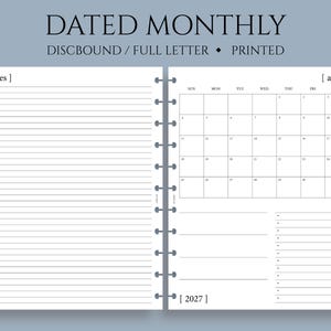 Dated Monthly Calendar Planner Inserts, Full Letter Size Discbound, Sunday Start, MO1P, Minimal, Functional ~ 8.5" x 11"