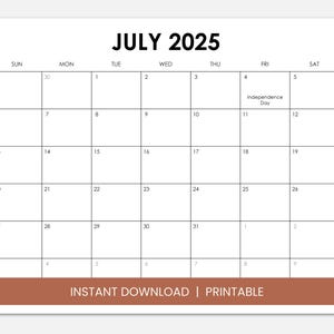 Juli 2025 Kalender mit Feiertagen, druckbar vom Juli Monatskalender, sofortiger digitaler Download PDF, Sonntag Start oder Montag Start