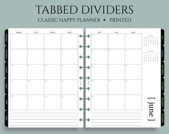 Tabbed Monthly Dividers, Printed Monthly Calendars with Mylar Tabs, Minimal Design, MO2P ~ Classic Happy Planner / 7" x 9.25" Discbound