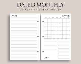 Dated Monthly Calendar Planner Inserts, Monday Start, MO1P, Minimal, Functional ~ Half Letter Size 3-Ring / 5.5" x 8.5"