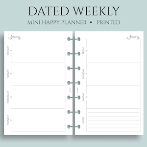 Dated Weekly Planner Inserts, Mini Happy Planner, Horizontal Layout with Weekly Notes Section, WO2P ~ 4.6" x 7"