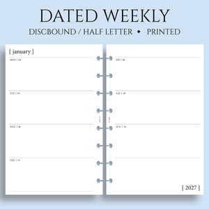 Dated Weekly Planner Inserts, Junior Half Letter Size Discbound, Horizontal Layout, Two-Page Weekly, Functional, WO2P ~ 5.5 x 8.5"