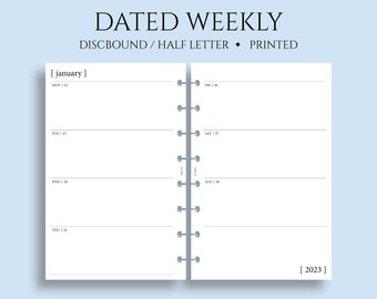 Dated Weekly Planner Inserts, Horizontal Layout, Two-Page Weekly, Minimal, Functional, WO2P ~ Junior Half Letter Size Discbound / 5.5 x 8.5"