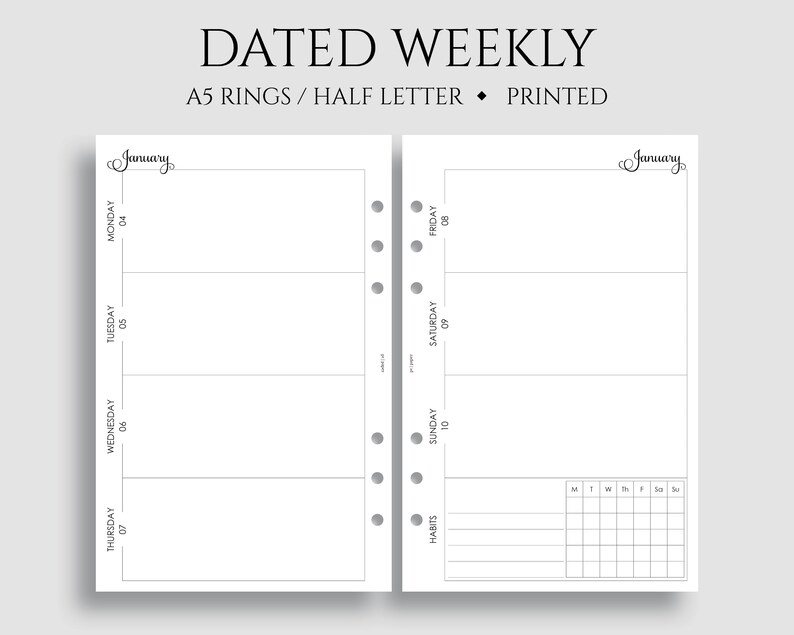 Dated Weekly Planner Inserts Horizontal Layout With Weekly Etsy