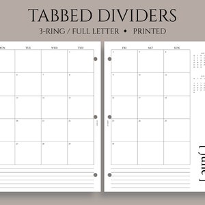 Tabbed Monthly Dividers, Printed Monthly Calendars with Mylar Tabs, Minimal Design, MO2P Fits Full Letter Size 3-Ring / 8.5 x 11 image 1