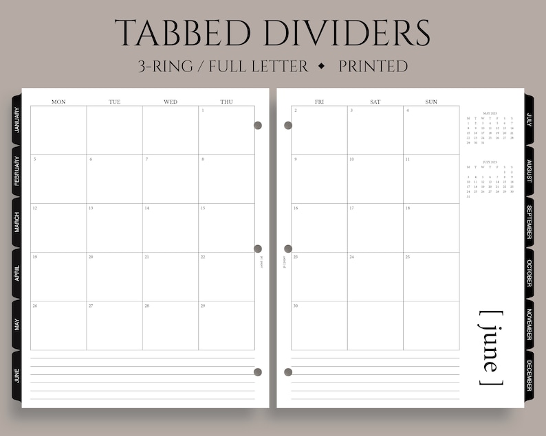 Tabbed Monthly Dividers, Printed Monthly Calendars with Mylar Tabs, Minimal Design, MO2P Fits Full Letter Size 3-Ring / 8.5 x 11 image 1