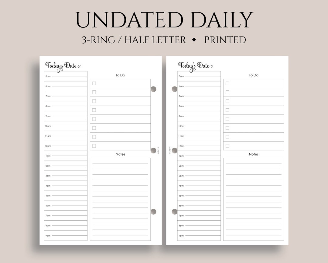 Undated Daily Planner Inserts, Hourly Schedule, To-do List, Time ...