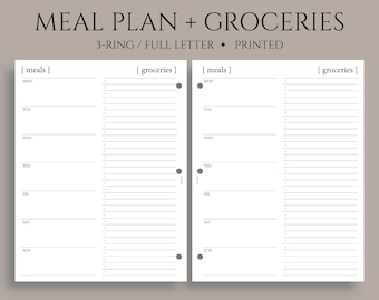 Weekly Meal Planning and Grocery Shopping List Planner Inserts, Minimal Style, Functional ~ Fits Full Letter Size 3-Ring / 8.5" x 11"