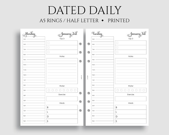 Dated Daily Planner Inserts Schedule To Do List Health Exercise Meal Water Tracker DO1P A5 Rings Half Letter Size 5.5