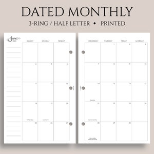 Dated Monthly Calendar Planner Inserts, Sunday Start, Optional Holidays, MO2P ~ Half Letter Size 3-Ring / 5.5" x 8.5"