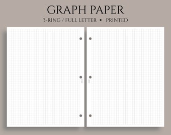 May include: Two sheets of white graph paper with a 3-ring binder hole punch. The paper is printed with a grid pattern. The text "GRAPH PAPER" is printed at the top of the image. The text "3-RING / FULL LETTER • PRINTED" is printed below the title.