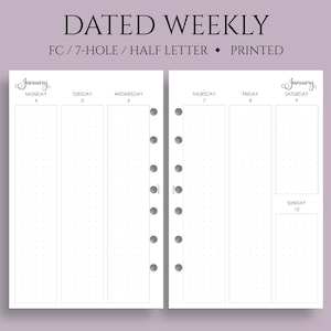 Dated Weekly Planner Inserts, FC Classic 7-Hole, Vertical Column Layout, Dot Grid, Two Page Weekly, WO2P ~ Half Letter / 5.5" x 8.5"