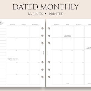 Dated Monthly Calendar Planner Inserts, B6 Planner, 6-Ring, Holidays, Monday Start, MO2P ~ 5.3" x 7"