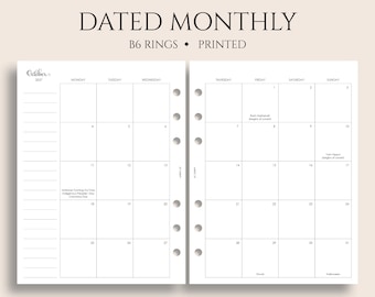 Dated Monthly Calendar Planner Inserts, B6 Planner, 6-Ring, Holidays, Monday Start, MO2P ~ 5.3" x 7"