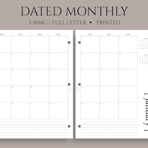 Dated Monthly Calendar Planner Inserts, 3-Ring Full Letter, Monday Start, MO2P, Minimal, Functional ~ 3-Hole Punch, 8.5" x 11"