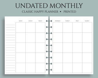 Undated Monthly Calendar Planner Inserts, Sunday Start, MO2P Layout ~ Classic Happy Planner / 7" x 9.25" Discbound
