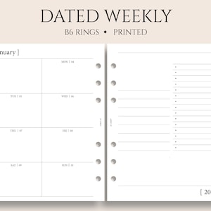 Dated Weekly Planner Inserts, B6 Planner, 6-Ring, Dashboard Layout, Two-Page Weekly, Minimal, WO2P ~ 5.3" x 7"