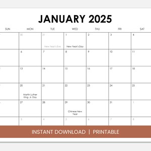 January 2025 Calendar with Holidays, Printable Dated January Monthly Calendar, Instant Digital Download PDF, Sunday Start or Monday Start