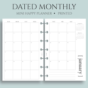 Dated Monthly Calendar Planner Inserts, Mini Happy Planner, Sunday Start, MO2P, Minimal, Functional ~ 4.6" x 7"