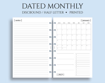 Dated Monthly Calendar Planner Inserts, Monday Start, MO1P, Minimal, Functional ~ Junior Half Letter Size Discbound / 5.5 x 8.5"