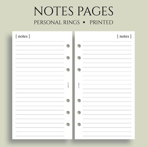 May include: Two blank lined pages for a personal size ring binder. The pages have six holes punched along the side and the text "[ notes ]" is printed at the top of each page.