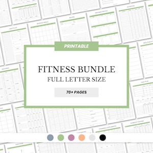 May include: Printable fitness bundle with over 70 pages of trackers, meal plans, and workout logs. The pages are in black and white with a green and white border. The text "Printable Fitness Bundle Full Letter Size 70+ Pages" is in the center of the image.