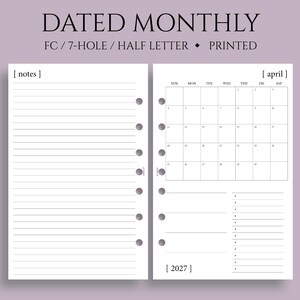 Dated Monthly Calendar Planner Inserts, FC Classic 7-Hole, Sunday Start, MO1P, Minimal, Functional ~ Half Letter Size / 5.5" x 8.5"