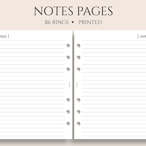 May include: Two blank lined pages for a B6 size ring binder. The pages are printed with the text "[ notes ]" at the top.