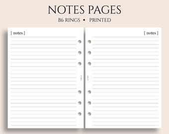 Notes Pages Planner Inserts, B6 Planner, 6-Ring, Lined Paper, Minimal Style, Functional ~ 5.3" x 7"