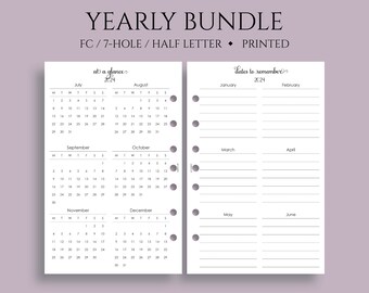 Yearly Calendar Bundle, Year-at-a-Glance, Dates to Remember, U.S. Holidays ~ FC Classic 7-Hole, Half Letter Size / 5.5 x 8.5"