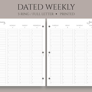 Dated Weekly Planner Inserts, 3-Ring Full Letter, Vertical Timed Hourly Layout, Two Page Weekly, WO2P ~ 3-Hole Punch, 8.5" x 11"