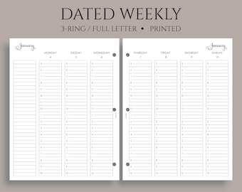 Dated Weekly Planner Inserts, 3-Ring Full Letter, Vertical Timed Hourly Layout, Two Page Weekly, WO2P ~ 3-Hole Punch, 8.5" x 11"