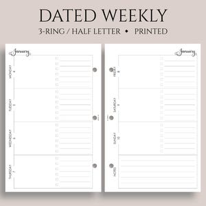 Dated Weekly Planner Inserts, 3-Ring Mini, Half Letter, Horizontal Layout, Daily To Do List, Lined Notes Section, WO2P ~ 5.5" x 8.5"