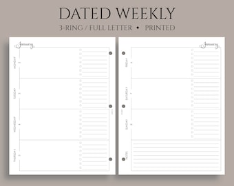 Dated Weekly Planner Inserts, Two Page Horizontal Layout, Daily To Do List, Lined Notes, WO2P ~ Fits Full Letter Size 3-Ring / 8.5" x 11"