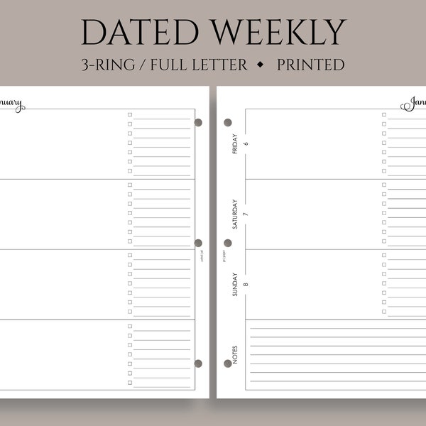 Dated Weekly Planner Inserts, Two Page Horizontal Layout, Daily To Do List, Lined Notes, WO2P ~ Fits Full Letter Size 3-Ring / 8.5" x 11"